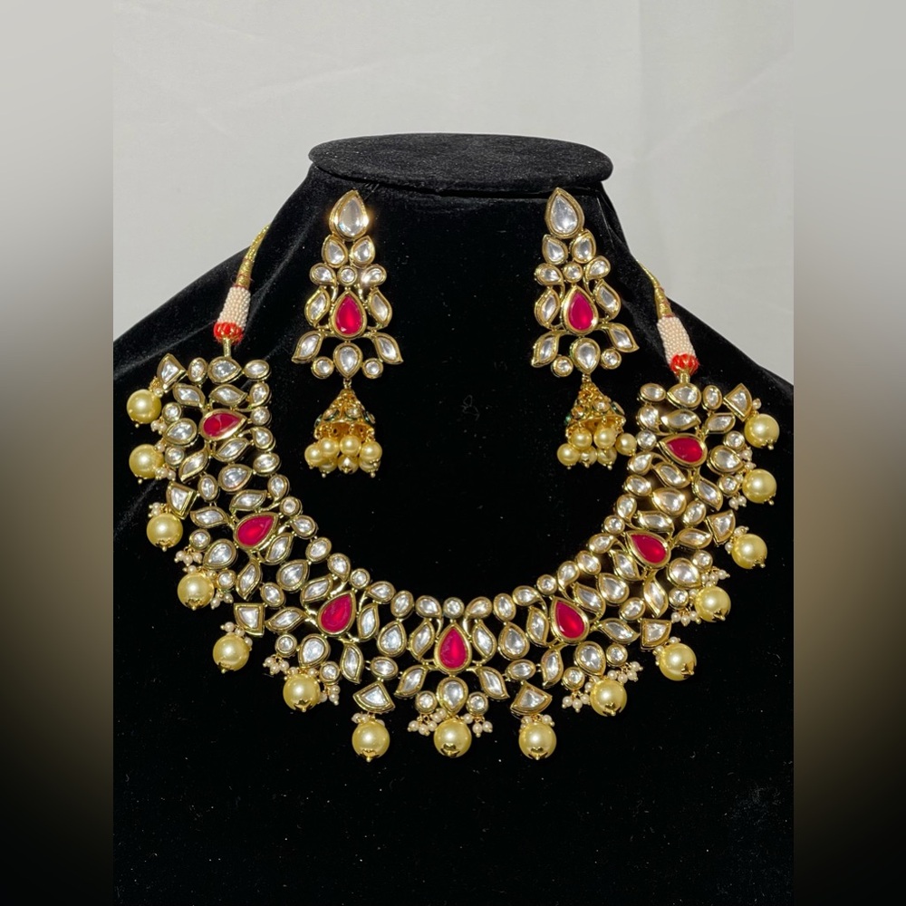 Kundan Polki Indian Bridal Necklace Set Red Ruby CZ Pearl Tyaani Nita Ambani